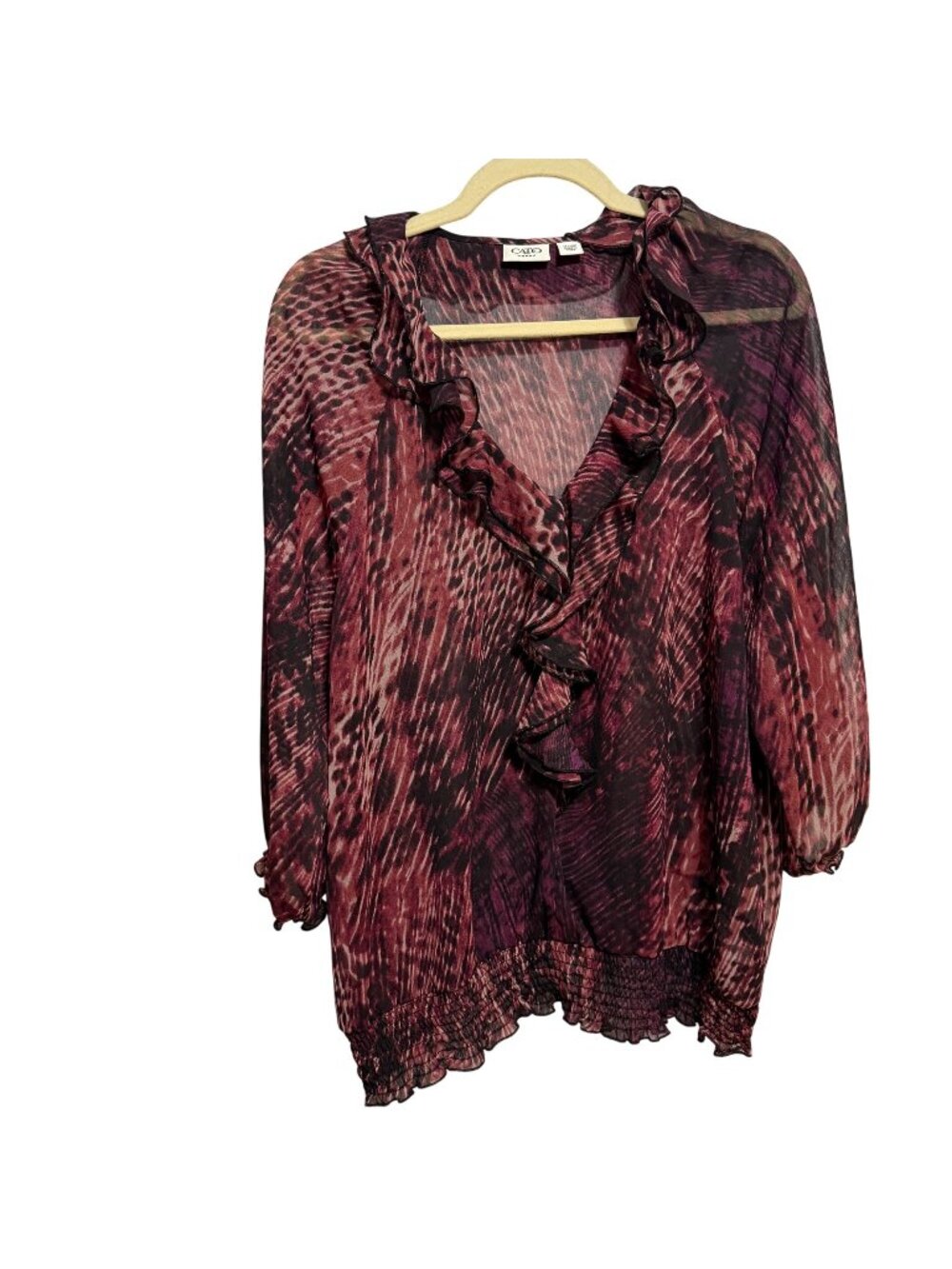 Cato Woman 14/16W Ruffled V-Neck Blouse With Elastic Hem & Animal Print